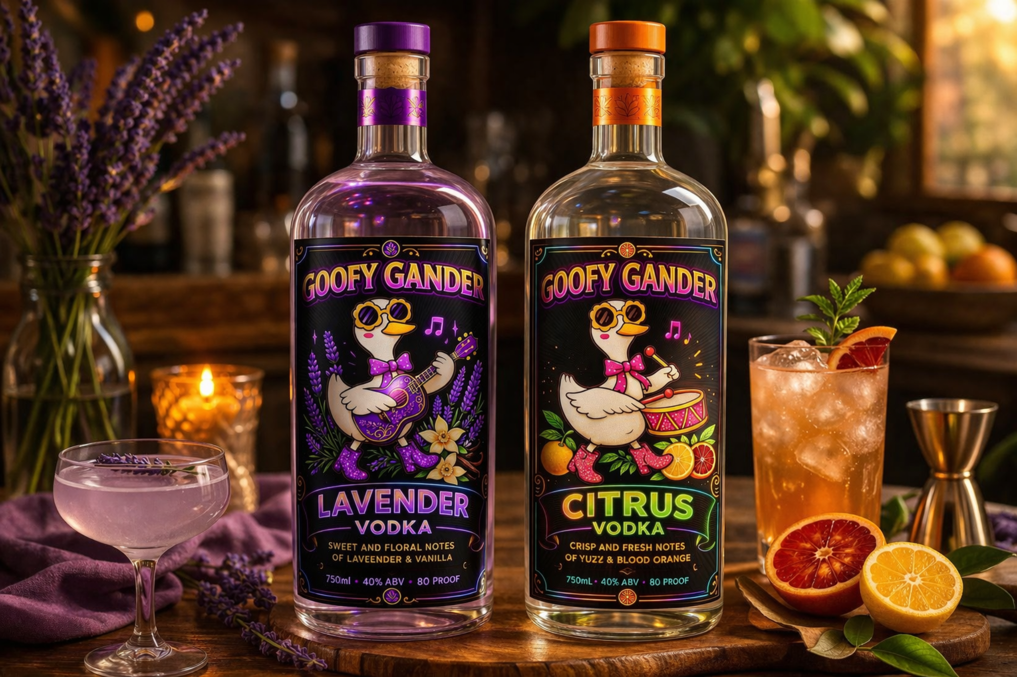 Lavender and Citrus vodka bottles on bar